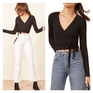 Reformation Black Long Sleeve Wrap Top